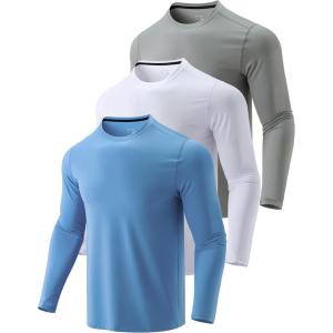 3 Pack: Men’s Dry Fit Long Sleeve T Shirts, Lightweight Athletic Performance Tops with Thumb Holes Hiking(Blue/Gray/White)