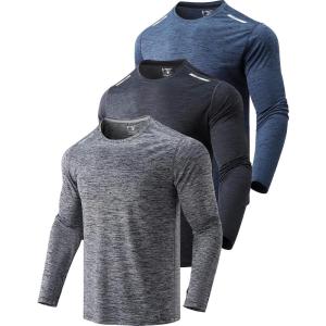 3 Pack: Men’s Dry Fit Long Sleeve T Shirts, Lightweight Athletic Performance Tops with Thumb Holes Hiking(Heather Navy/Black/Dark Grey)