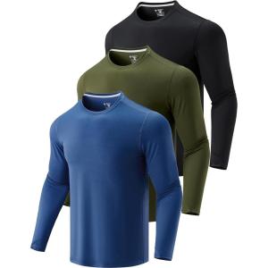 3 Pack: Men’s Dry Fit Long Sleeve T Shirts, Lightweight Athletic Performance Tops with Thumb Holes Hiking(Olive/Black/Steel Blue)