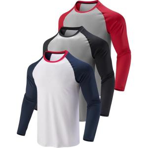 3 Pack: Men’s Dry Fit Long Sleeve T Shirts, Lightweight Athletic Performance Tops with Thumb Holes Hiking(Raglan Gray/Black  Gray/Red  White/Navy)