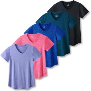 5 Pack: Women’s Dry Fit Short Sleeve T Shirts, Athletic Workout Tee Tops for Gym Yoga Running(Blue/Black/Dark Teal/Bright Pink/Light Lavender)