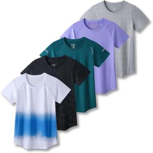5 Pack: Women’s Dry Fit Short Sleeve T Shirts, Athletic Workout Tee Tops for Gym Yoga Running(Camo/Gray/Lilac/Gradient/Dark Teal)