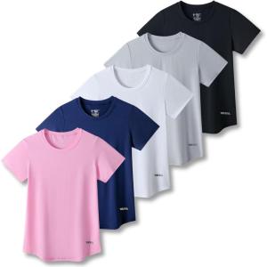 5 Pack: Women’s Dry Fit Short Sleeve T Shirts, Athletic Workout Tee Tops for Gym Yoga Running(Navy/Black/White/Light Pink/Light Gray)