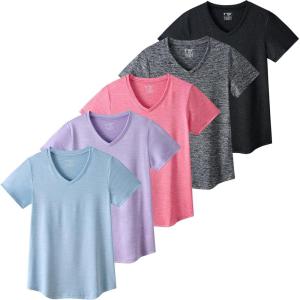 5 Pack: Women’s Dry Fit Short Sleeve T Shirts, Athletic Workout Tee Tops for Gym Yoga Running(Pink/Lavender/Baby Blue/Gray/Black)