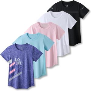 5 Pack: Women’s Dry Fit Short Sleeve T Shirts, Athletic Workout Tee Tops for Gym Yoga Running(Pink/White/Black/Purple/Turquois)
