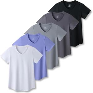 5 Pack: Women’s Dry Fit Short Sleeve T Shirts, Athletic Workout Tee Tops for Gym Yoga Running(White/Gray/Charcoal/Black/Lavender)