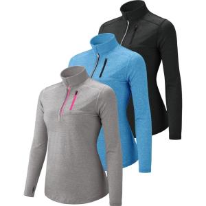 Liberty Imports 3 Pack: Women’s Quick Dry Long Sleeve Quarter Zip Pullover Workout Shirts with Thumb Holes and Pocket(Heather Black/Light Blue/Gray)