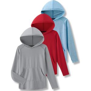 Liberty Imports 3 Pack: Youth Boys Teen Active Long Sleeve Hoodie Sweatshirts – Athletic Dry-Fit Hooded Pullover Shirts(Red/Light Blue/Light Gray)