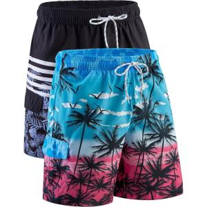 Men’s 9″ Quick Dry Swim Trunks with Mesh Lining and Cargo Pockets, Beach Shorts Bathing Suits(Beach Sunset / Monochrome Leaf)