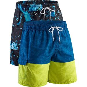 Men’s 9″ Quick Dry Swim Trunks with Mesh Lining and Cargo Pockets, Beach Shorts Bathing Suits(Geo Contrast / Neon Splash)
