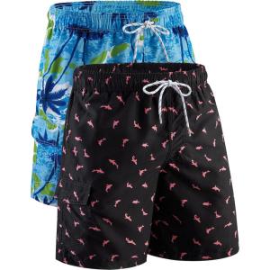 Men’s 9″ Quick Dry Swim Trunks with Mesh Lining and Cargo Pockets, Beach Shorts Bathing Suits(Shark Pattern / Palm Trees)