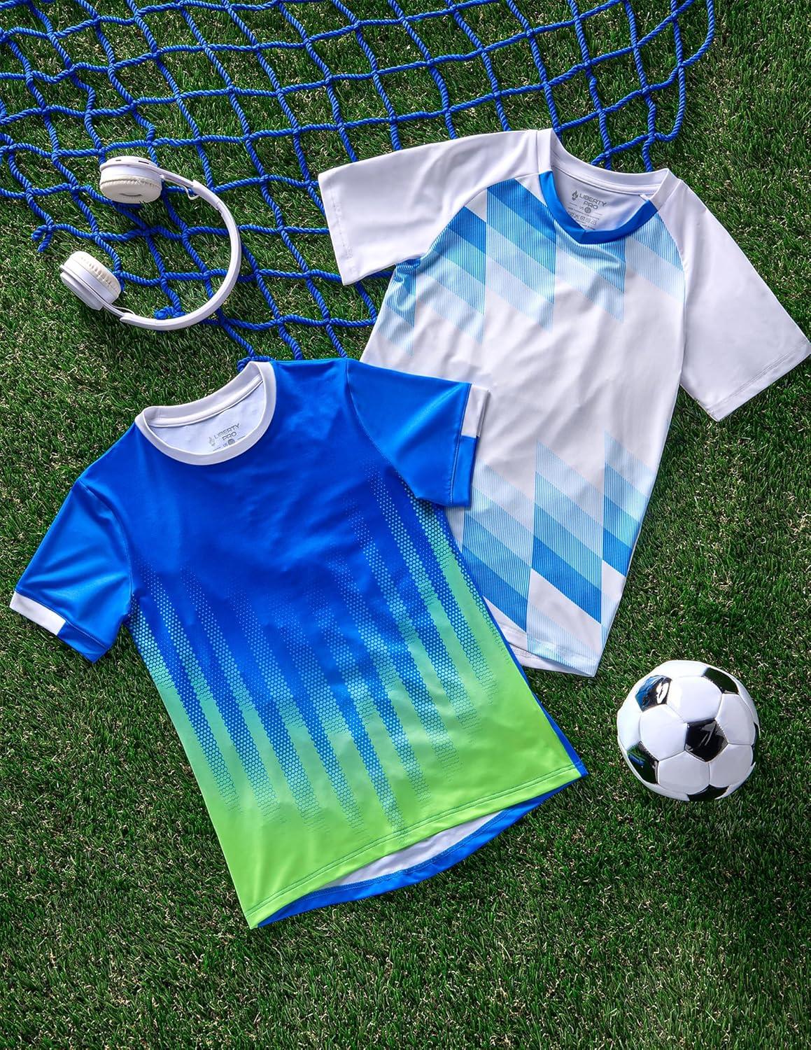 image2 Pack Boys Soccer Jerseys Dry Fit Athletic Short Sleeve TShirts for Youth Kids Performance Tops ActivewearRoyal BlueWhite