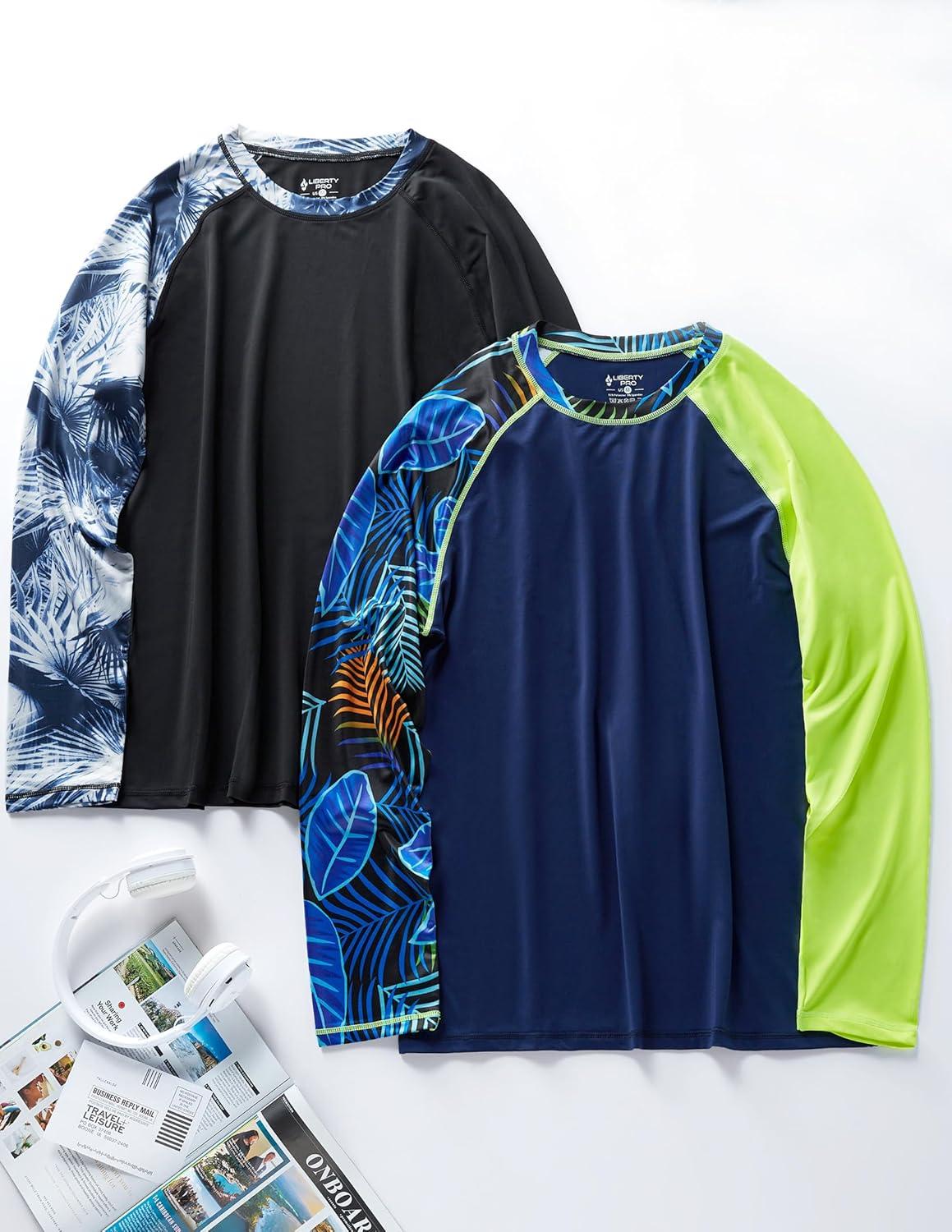 image2 Pack Mens Sun Protection Long Sleeve Swim Shirts UPF 50 Loose Fit Rash Guards Fishing Quick Dry ClothingContrast Sleeves NavyBlack