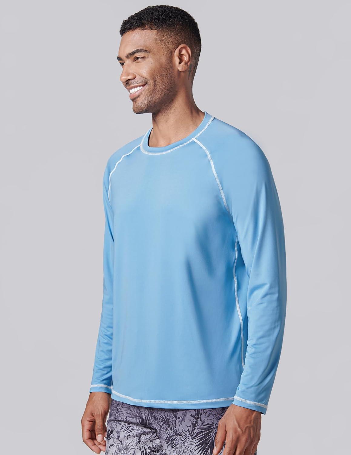 image2 Pack Mens Sun Protection Long Sleeve Swim Shirts UPF 50 Loose Fit Rash Guards Fishing Quick Dry ClothingOrangeLight Blue