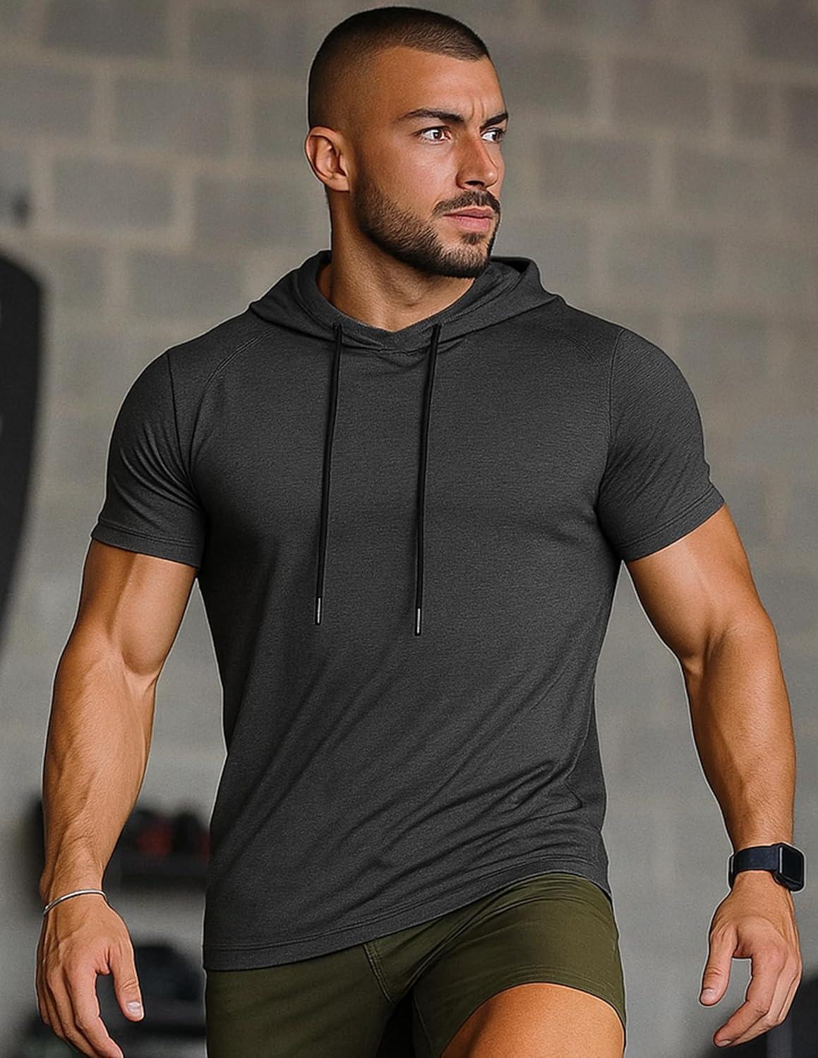 image3 Pack Mens Lightweight Short Sleeve Workout Hoodies Athletic Dry Fit Hooded T Shirts for Gym RunningLight GrayLight GreenCharcoal
