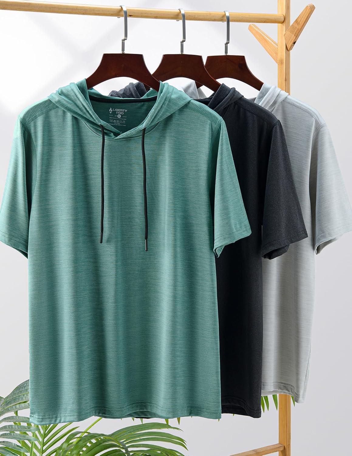 image3 Pack Mens Lightweight Short Sleeve Workout Hoodies Athletic Dry Fit Hooded T Shirts for Gym RunningLight GrayLight GreenCharcoal