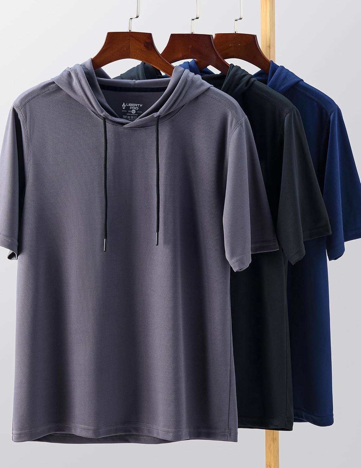 image3 Pack Mens Lightweight Short Sleeve Workout Hoodies Athletic Dry Fit Hooded T Shirts for Gym RunningNavyBlackDark Gray