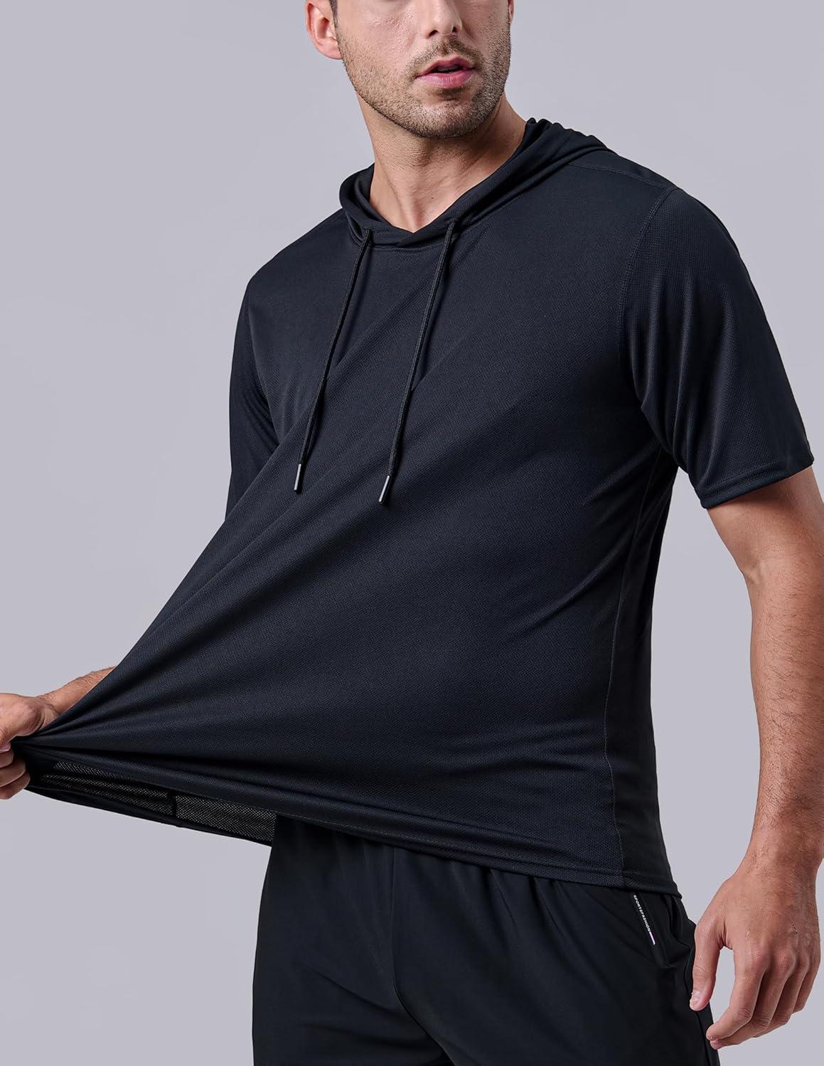 image3 Pack Mens Lightweight Short Sleeve Workout Hoodies Athletic Dry Fit Hooded T Shirts for Gym RunningNavyBlackDark Gray