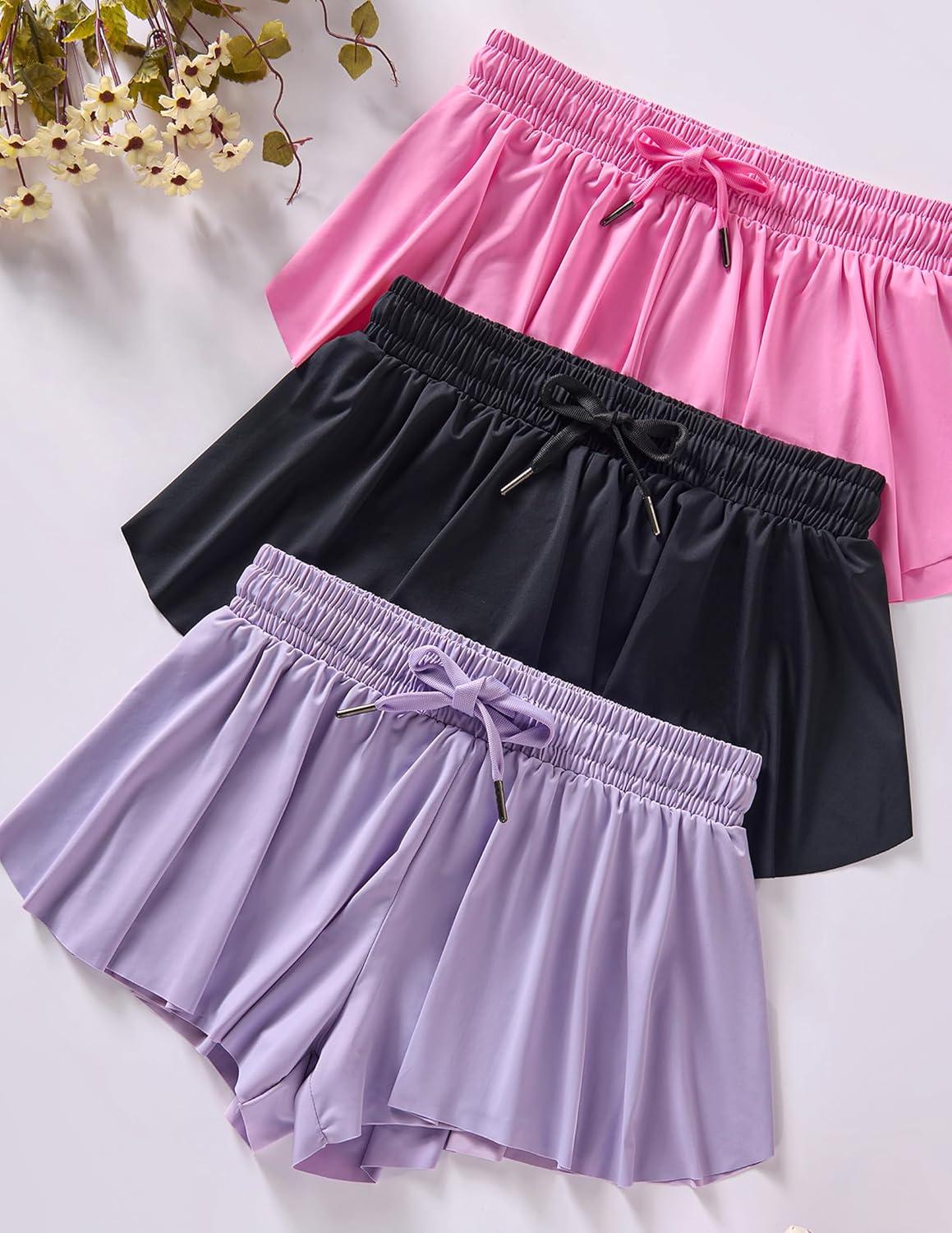 image3 Pack Womens Flowy Running Shorts 2in1 Butterfly Skirts with Shorts Underneath Spandex Athletic Casual Gym Workout LoungePinkLavenderBlack