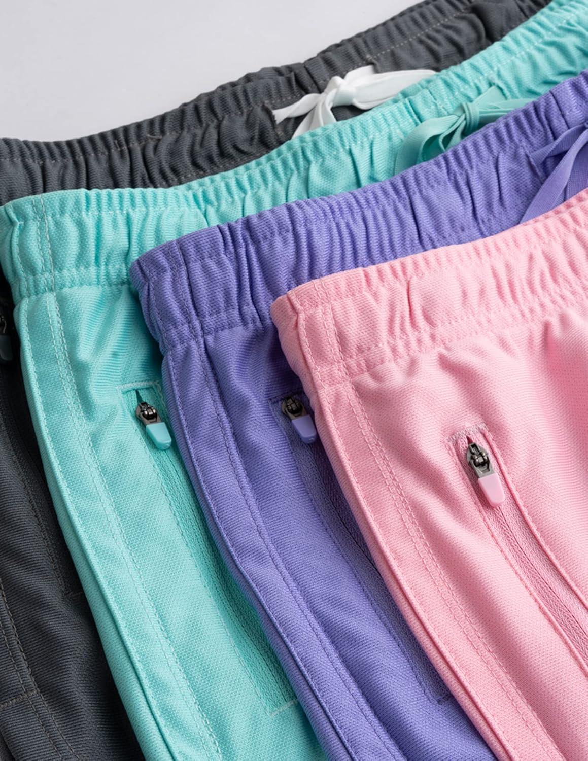 image4 Pack Youth Girls Athletic Shorts 3quot Girls Soccer Shorts Kids Workout Gym Clothes Activewear Apparel with Zipper PocketsPurpleCharcoalGreenPink