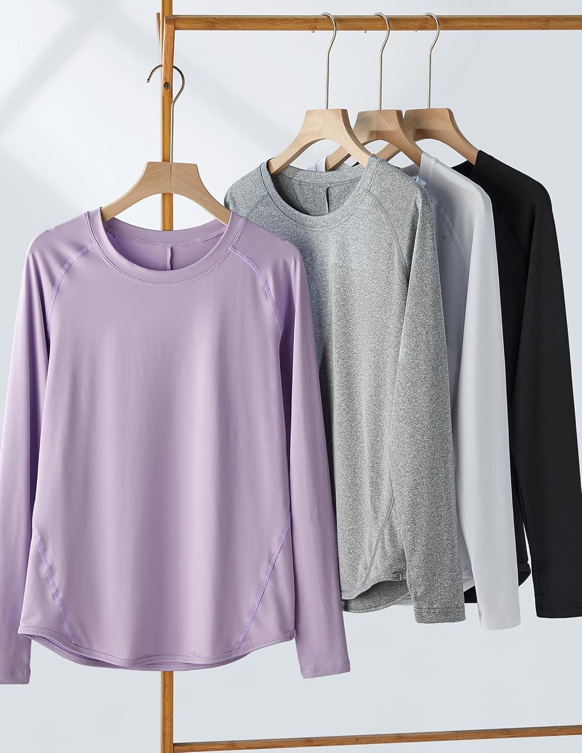 image4Pack Womens Long Sleeve Athletic Tops with Thumb Holes Dry Fit Active Crewneck Workout TeesGrayWhiteBlackLight Lavender
