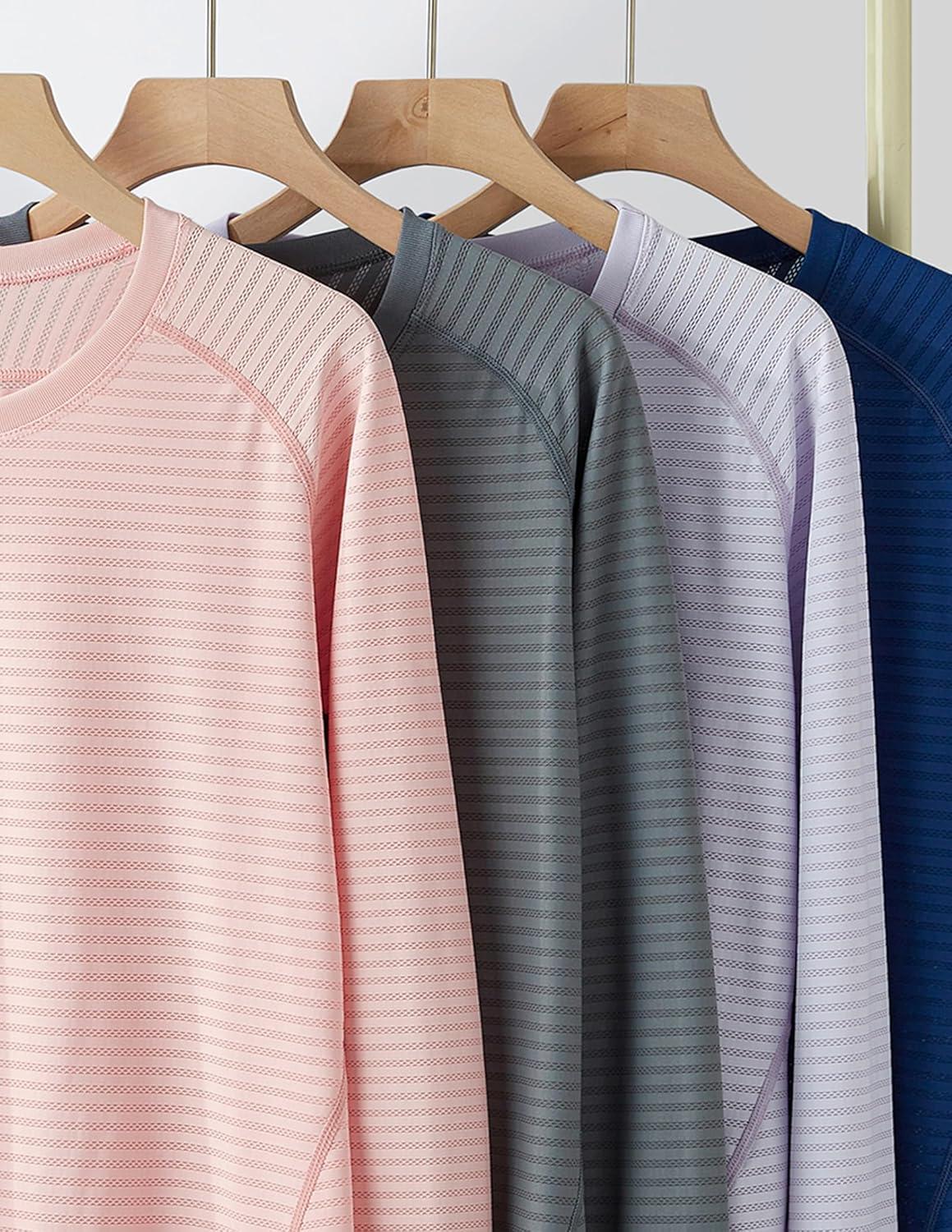 image4Pack Womens Long Sleeve Athletic Tops with Thumb Holes Dry Fit Active Crewneck Workout TeesLilacPinkNavyBlack