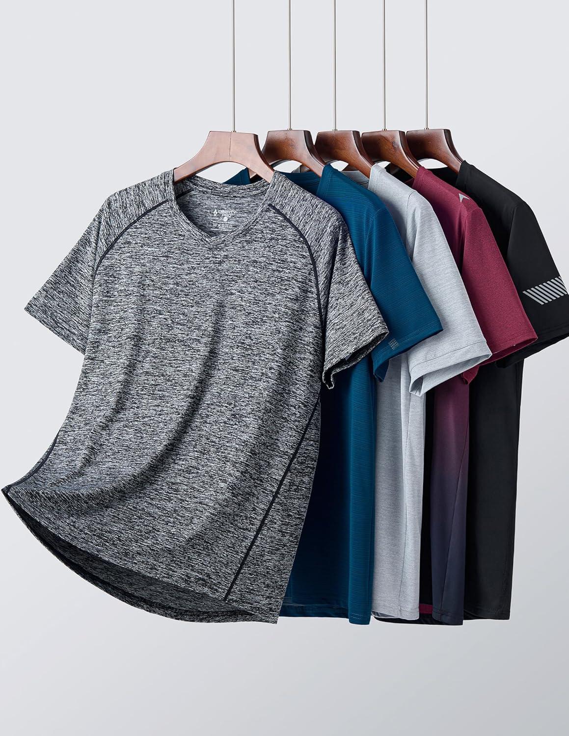 image5 Pack Mens VNeck Dry Fit TShirts Active Athletic Short Sleeve Workout Tops Performance Gym Tees Available in Plus SizeBlueBlackCharcoalLight GrayGradient Red