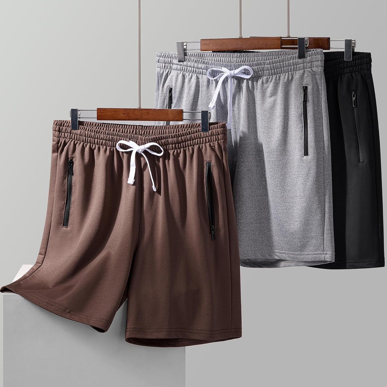 imageLiberty Imports 3 Pack Mens Sweat Shorts Athletic Casual Jogger Shorts with Zipper Pockets Terry Performance Tech ActivewearGrayBrownBlack