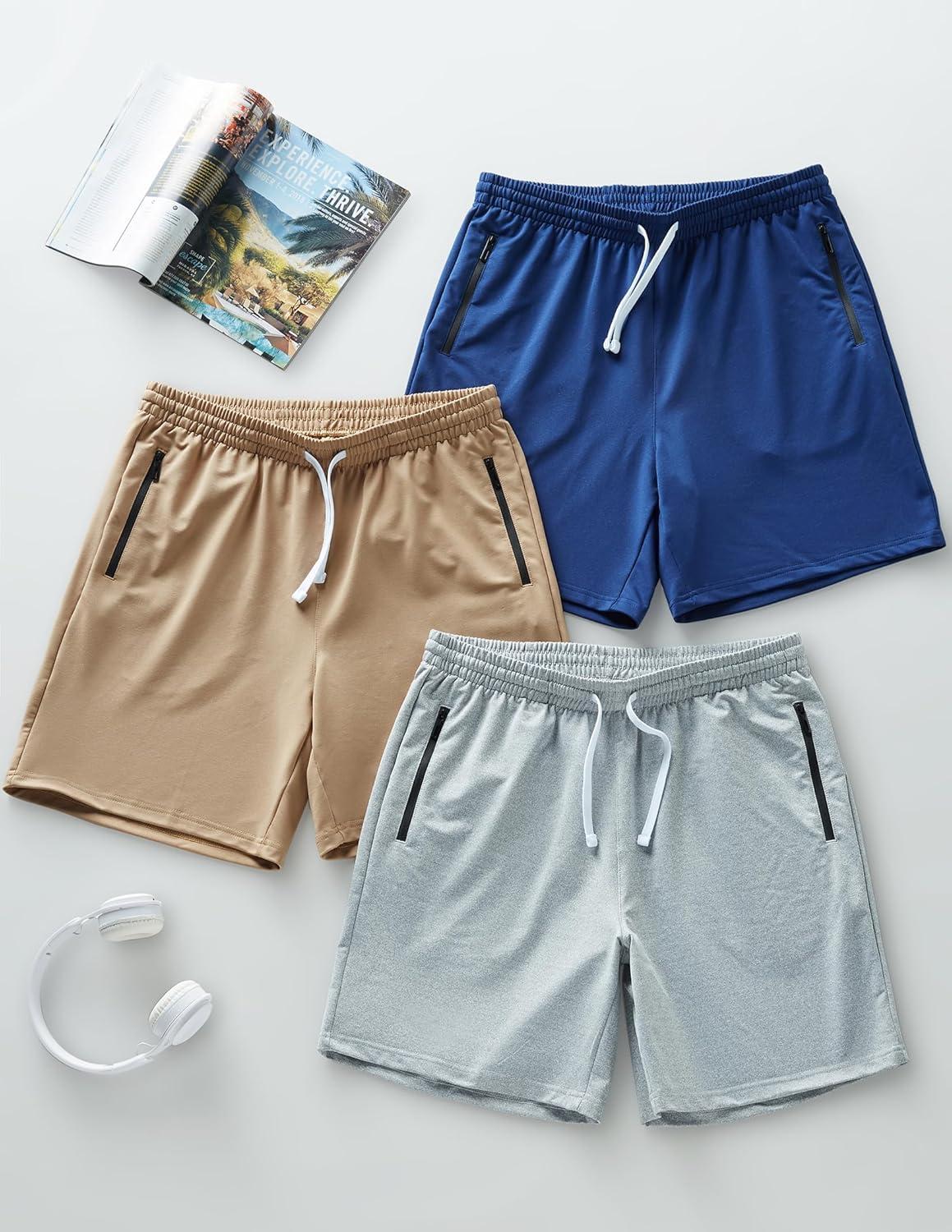 imageLiberty Imports 3 Pack Mens Sweat Shorts Athletic Casual Jogger Shorts with Zipper Pockets Terry Performance Tech ActivewearLight GrayLight BrownNavy