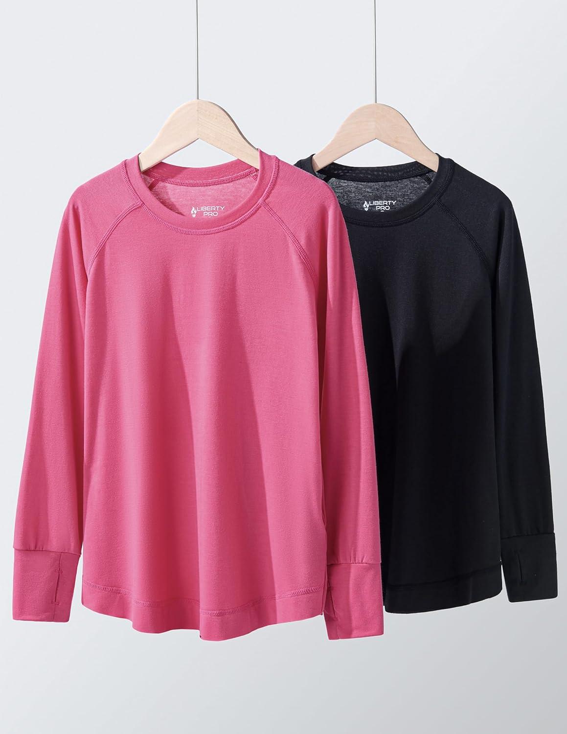 imageLiberty Pro 2Pack Girls Loose Fit Long Sleeve Tunic Tops with Pockets and Thumb Holes Casual T Shirts for Tween KidsBlackHot Pink