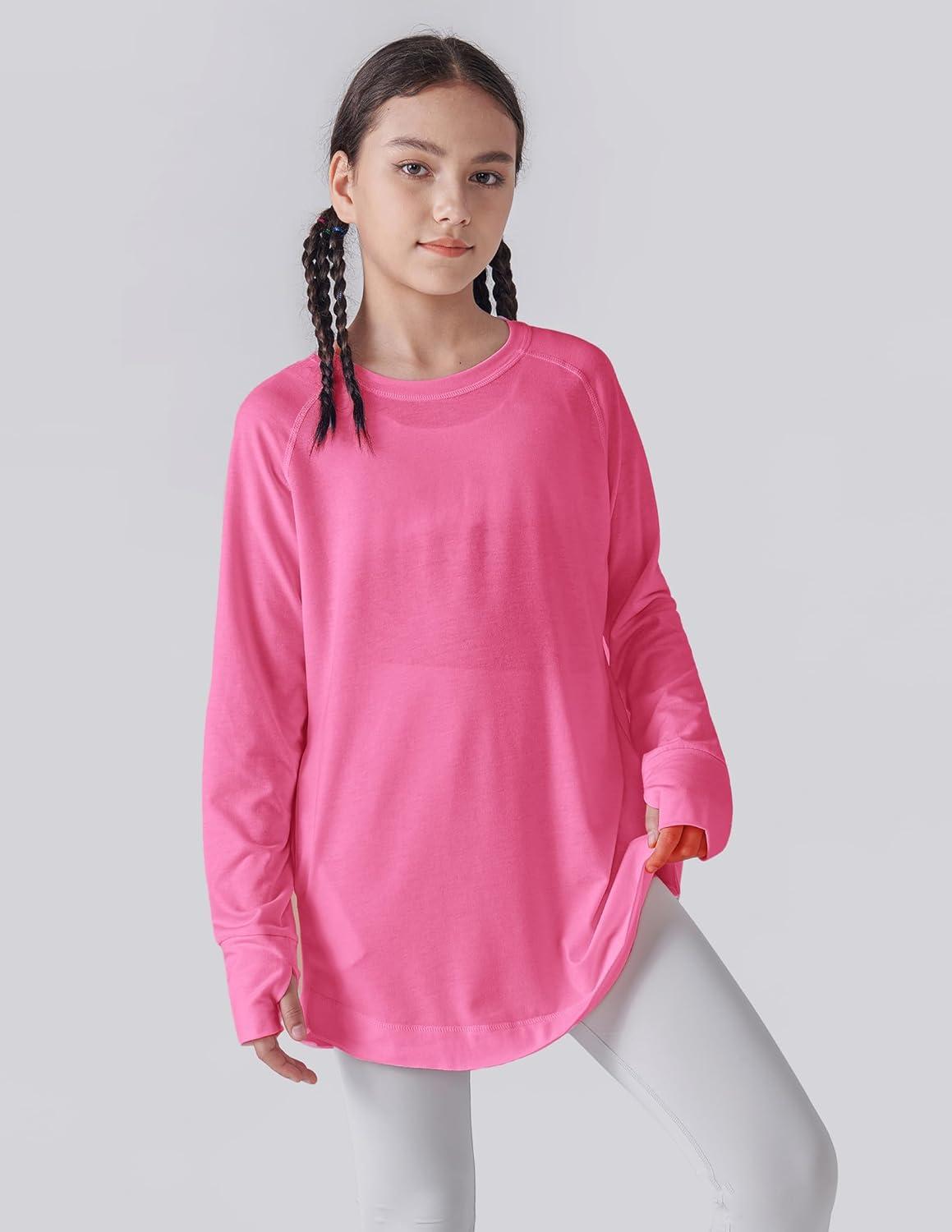 imageLiberty Pro 2Pack Girls Loose Fit Long Sleeve Tunic Tops with Pockets and Thumb Holes Casual T Shirts for Tween KidsBlackHot Pink