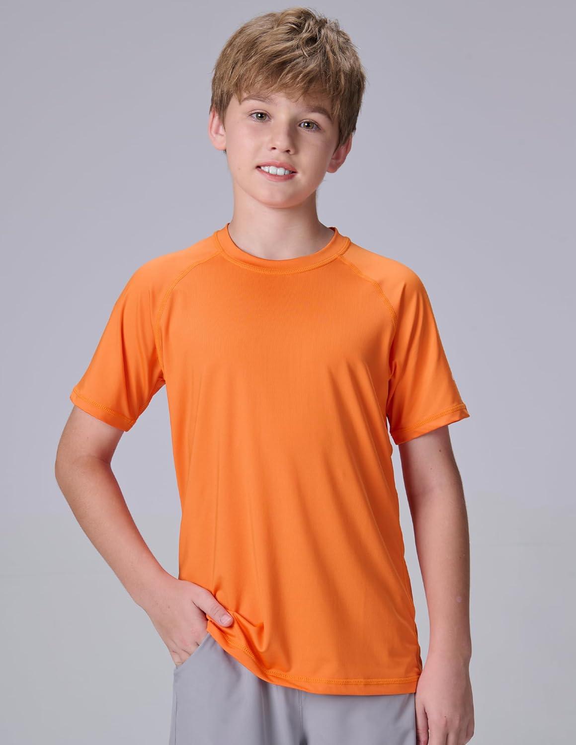 imageLiberty Pro 3 Pack Boys UPF 50 Rash Guard Short Sleeve Swim Shirts Quick Dry UV Protection Swimwear for KidsGrayLight GreenTangerine