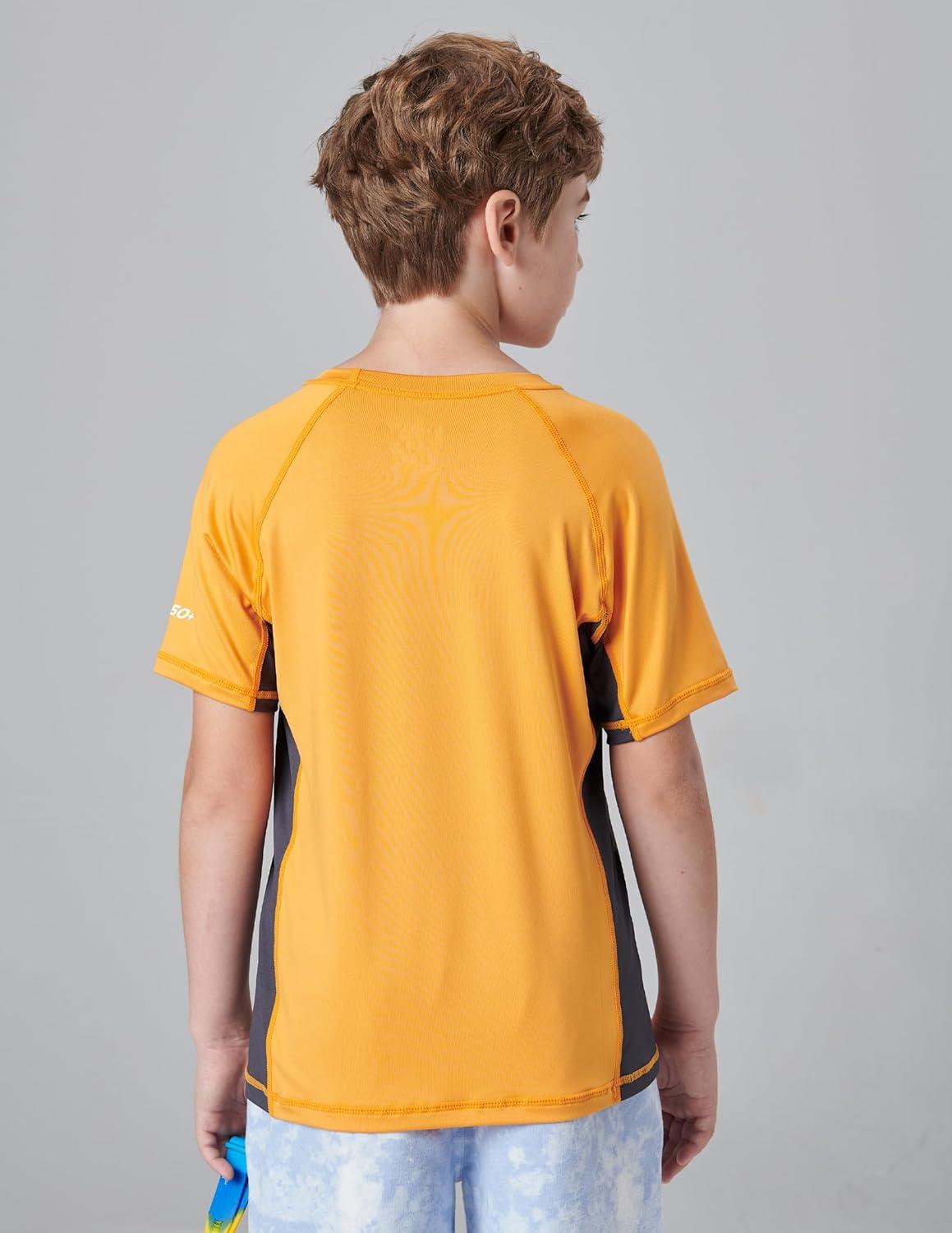 imageLiberty Pro 3 Pack Boys UPF 50 Rash Guard Short Sleeve Swim Shirts Quick Dry UV Protection Swimwear for KidsNavyOrangeDusty Blue