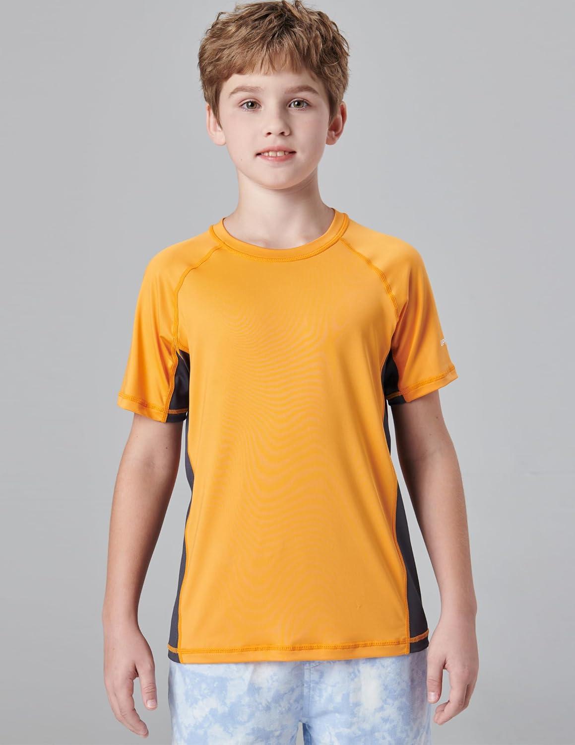 imageLiberty Pro 3 Pack Boys UPF 50 Rash Guard Short Sleeve Swim Shirts Quick Dry UV Protection Swimwear for KidsNavyOrangeDusty Blue