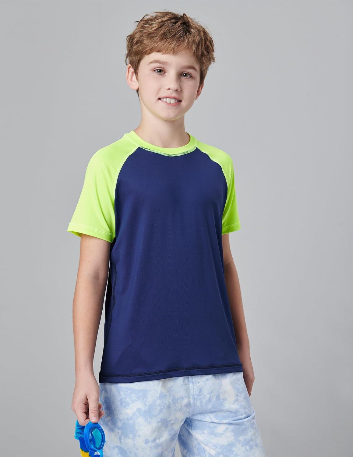 imageLiberty Pro 3 Pack Boys UPF 50 Rash Guard Short Sleeve Swim Shirts Quick Dry UV Protection Swimwear for KidsNavyOrangeDusty Blue