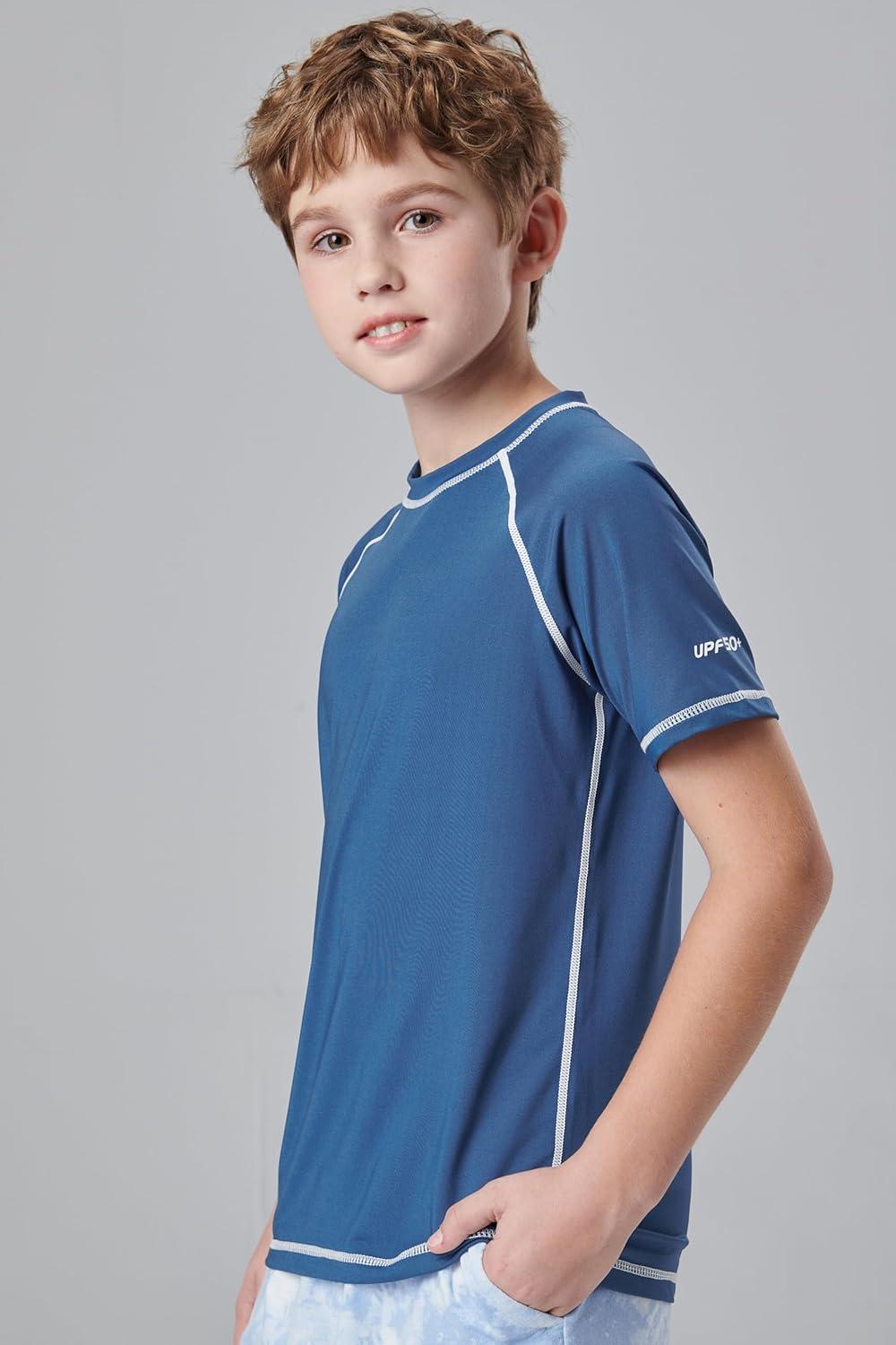 imageLiberty Pro 3 Pack Boys UPF 50 Rash Guard Short Sleeve Swim Shirts Quick Dry UV Protection Swimwear for KidsNavyOrangeDusty Blue