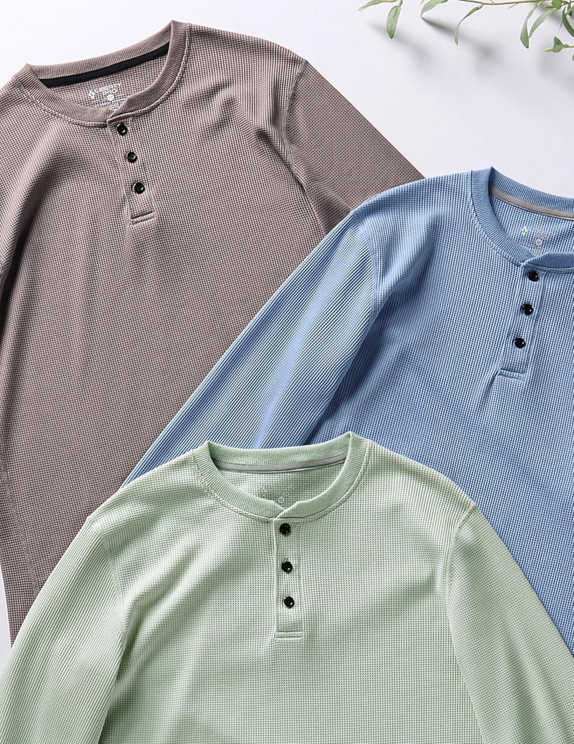 imageLiberty Pro 3 Pack Mens Waffle Henley Thermal Long Sleeve Shirts Casual Fitted Fall Shirts for MenDusty BlueLight BrownLight Green