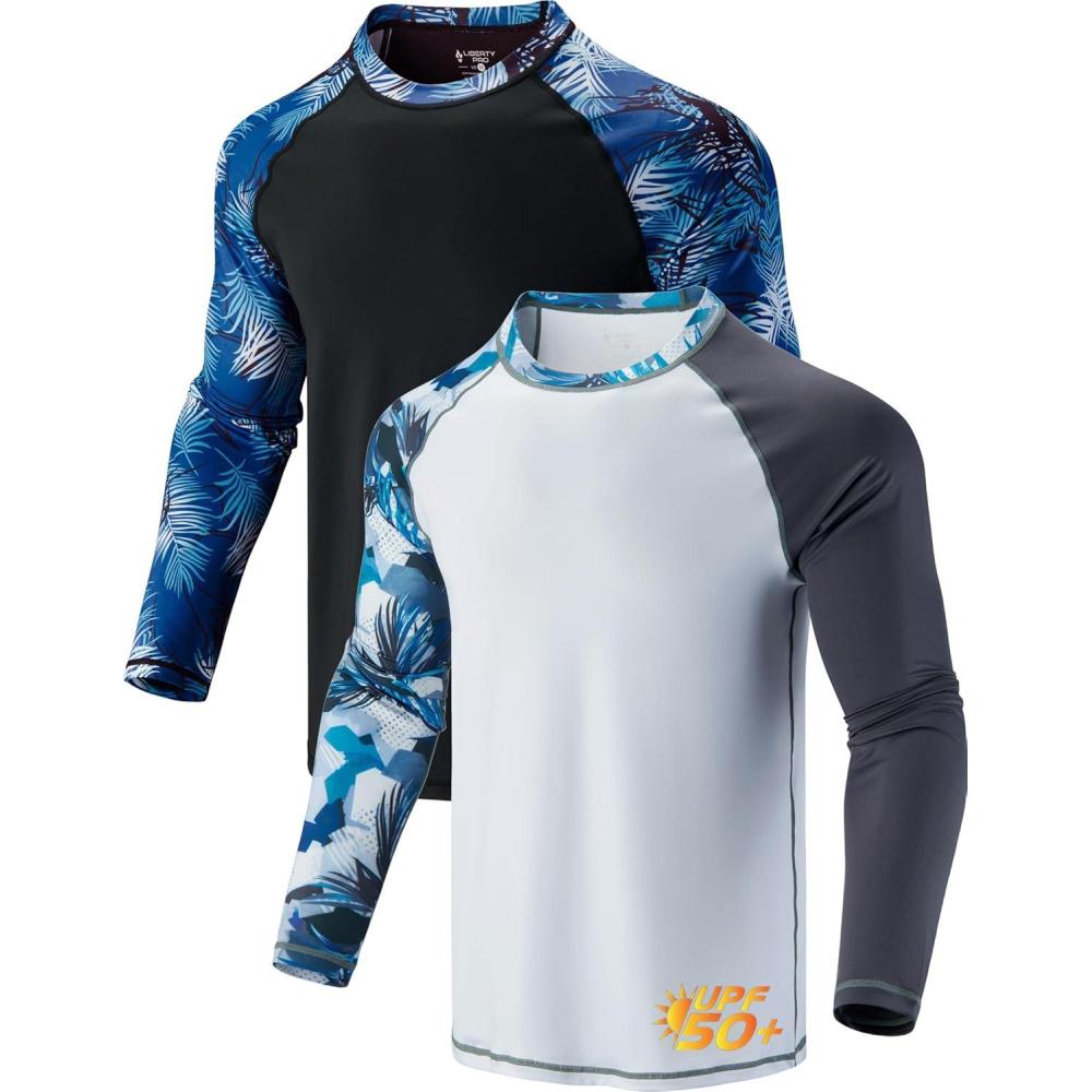 image2 Pack Mens Sun Protection Long Sleeve Swim Shirts UPF 50 Loose Fit Rash Guards Fishing Quick Dry ClothingContrast Sleeves BlackWhite