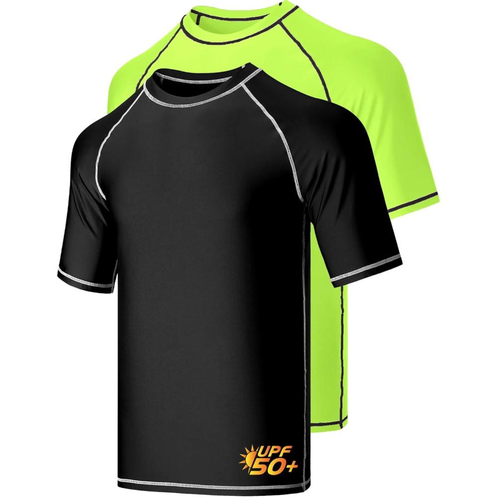 image2Pack Mens UV Short Sleeve Swim Shirts Loose Fit Rash GuardsBlackLime