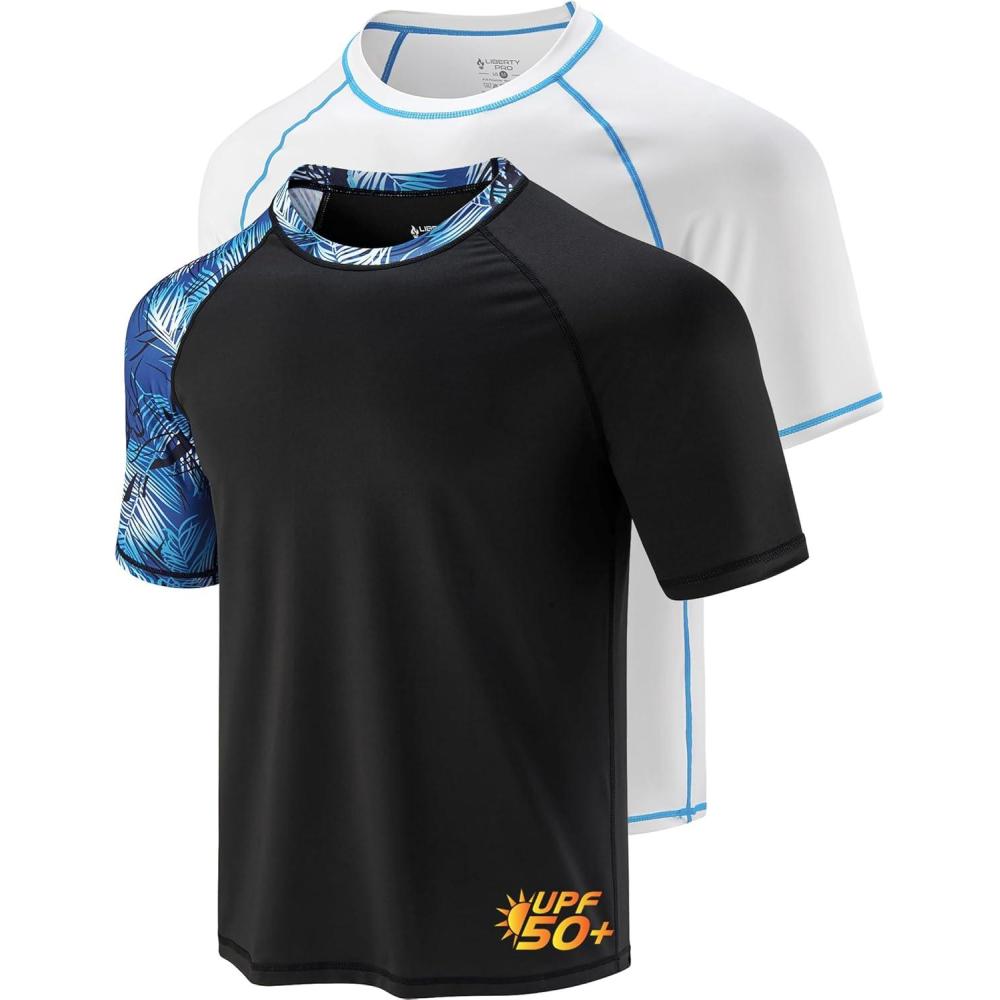 image2Pack Mens UV Short Sleeve Swim Shirts Loose Fit Rash GuardsWhitePrinted Black