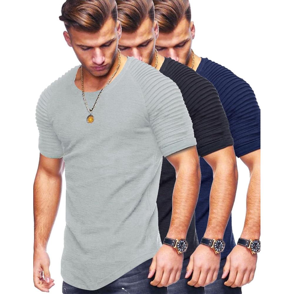 image3 Pack Mens Hispter Longline TShirts with Pleated Sleeves Athletic Raglan Workout Gym Tees Bodybuilding TopsBlackNavyGray