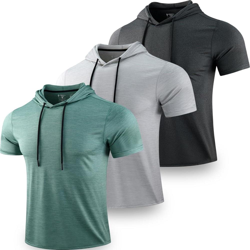 image3 Pack Mens Lightweight Short Sleeve Workout Hoodies Athletic Dry Fit Hooded T Shirts for Gym RunningLight GrayLight GreenCharcoal
