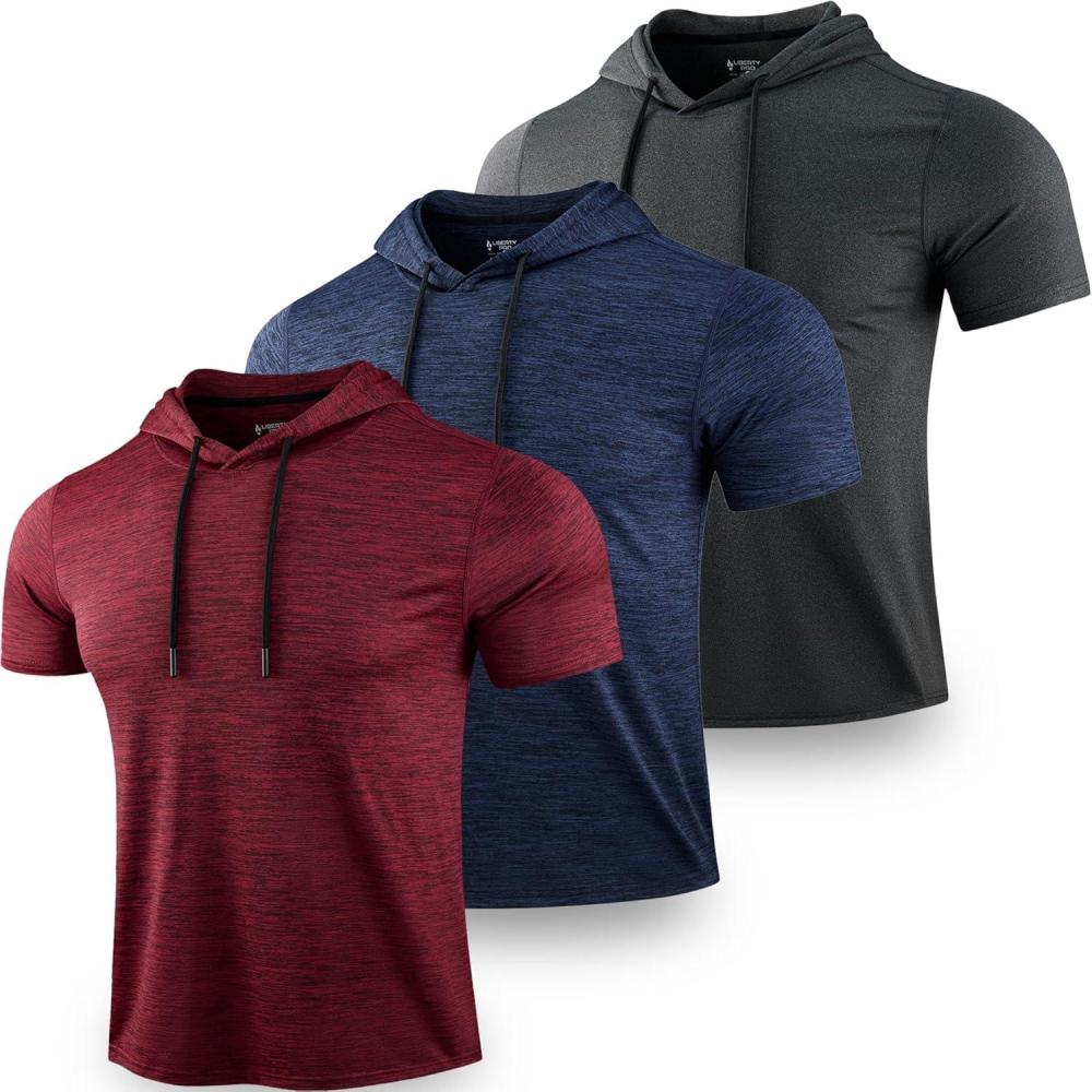 image3 Pack Mens Lightweight Short Sleeve Workout Hoodies Athletic Dry Fit Hooded T Shirts for Gym RunningRedNavyCharcoal