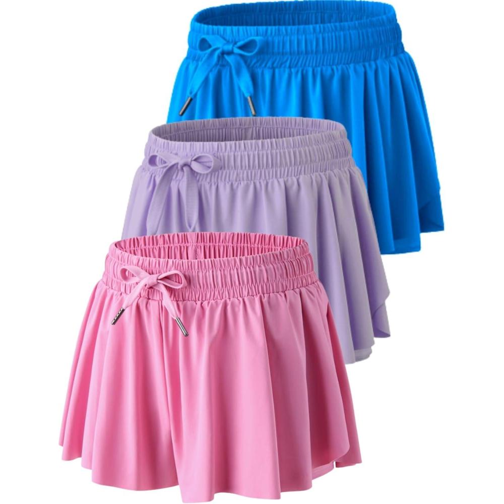 image3 Pack Womens Flowy Running Shorts 2in1 Butterfly Skirts with Shorts Underneath Spandex Athletic Casual Gym Workout LoungeBluePinkLavender