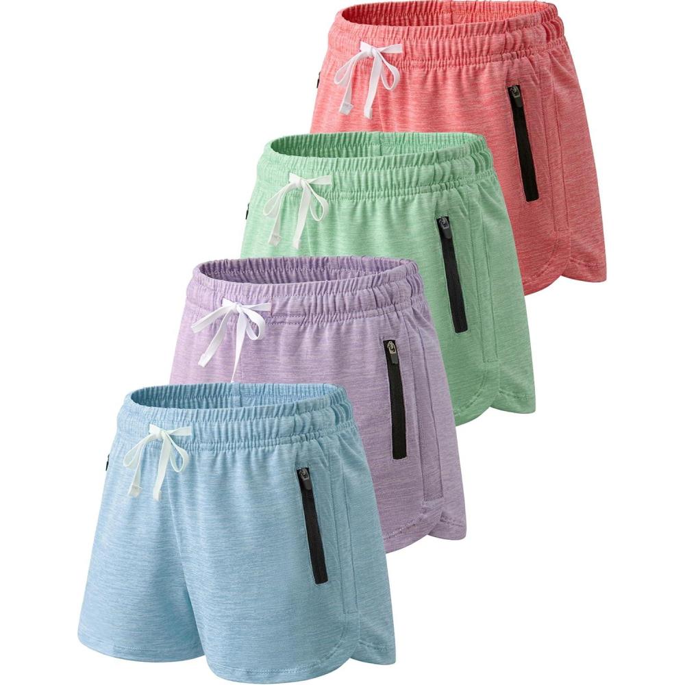 image4 Pack Youth Girls Athletic Shorts 3quot Girls Soccer Shorts Kids Workout Gym Clothes Activewear Apparel with Zipper PocketsPinkMintBaby BlueLight Lavender