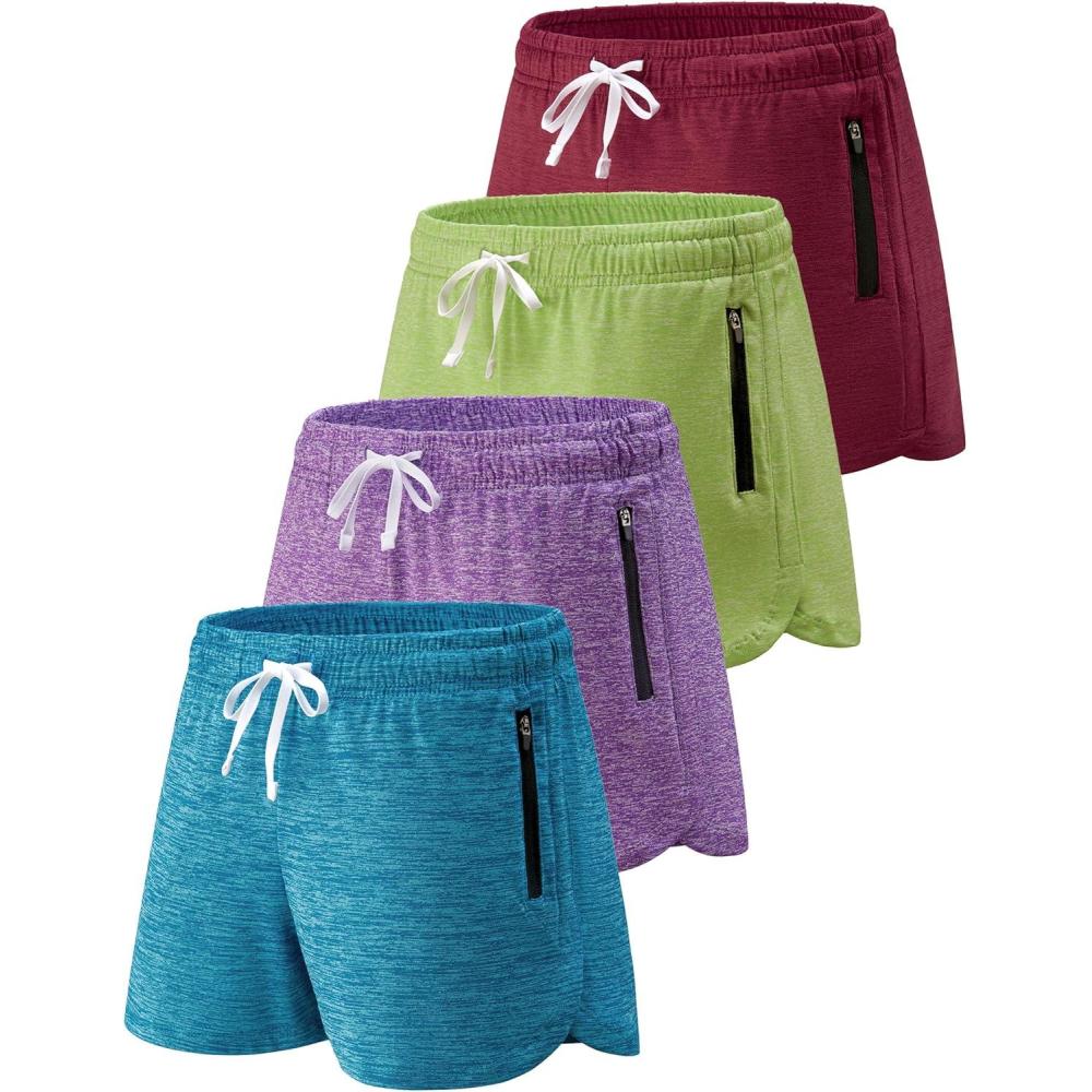 image4 Pack Youth Girls Athletic Shorts 3quot Girls Soccer Shorts Kids Workout Gym Clothes Activewear Apparel with Zipper PocketsTealCherryPurpleNeon Yellow