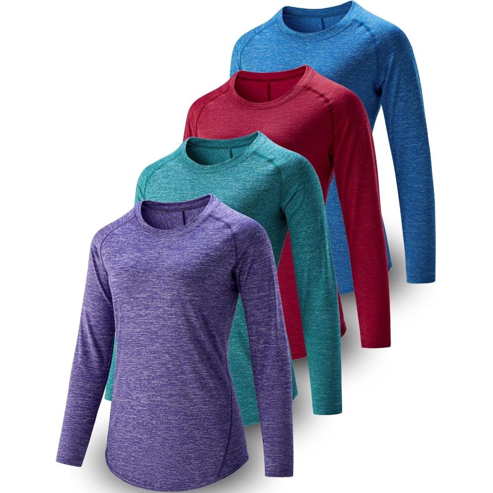 image4Pack Womens Long Sleeve Athletic Tops with Thumb Holes  Dry Fit Active Crewneck Workout TeesGreenBlueRedPurple