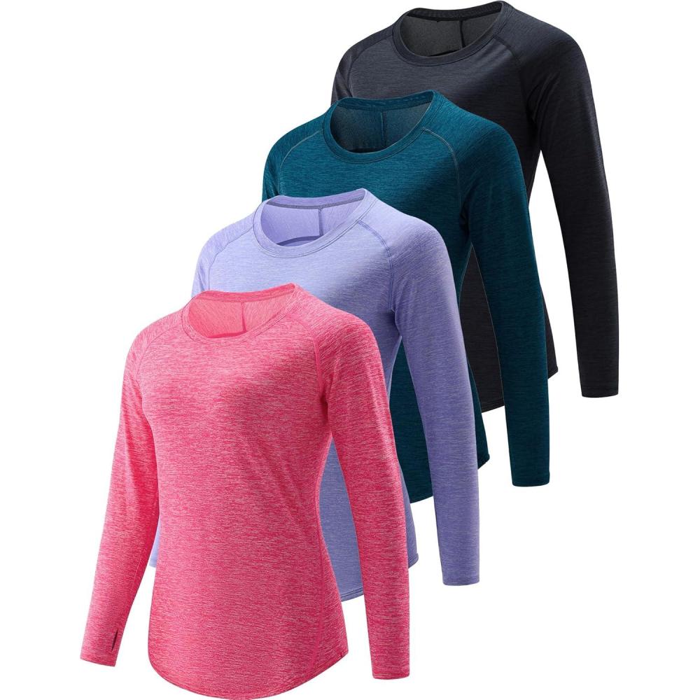 image4Pack Womens Long Sleeve Athletic Tops with Thumb Holes  Dry Fit Active Crewneck Workout TeesTealPinkLavenderBlack