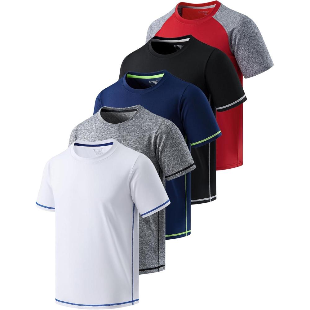 image5 Pack Boys Athletic T Shirts Youth Kids Dry Fit Short Sleeve Tees Performance Tops Activewear Clothing BulkBlackWhiteNavyRedHeather Gray