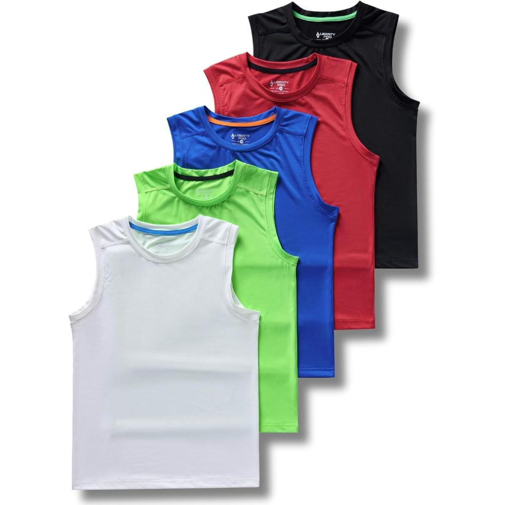 image5 Pack Boys Athletic Tank Tops Dry Fit Sleeveless Shirts Youth Kids Performance Workout ClothesRedBlueLimeBlackWhite